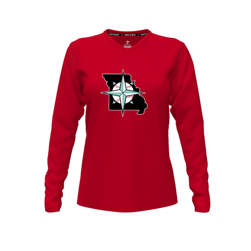 [FTLVPTRD-FYXS-LOGO3] Decker Performance T-Shirt (Female Youth XS, Red, V Neck, Logo 3, Long Sleeve)